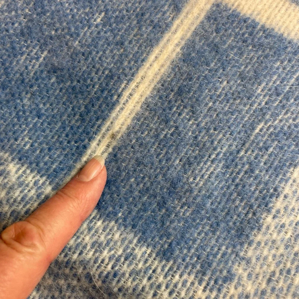 Vtg Poyet Motte France 100% Wool Blanket Size Queen Blue Plaid Woolmark 94x90
